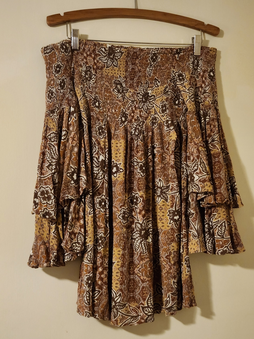 ILLA ILLA Brown/Cream Boho Off Shoulder Fairycore Ruffle Sleeve Mini Dress S